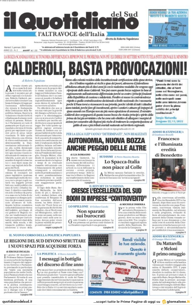 Il Quotidiano del Sud L'Altravoce - Today's Front Page | FRONTPAGES