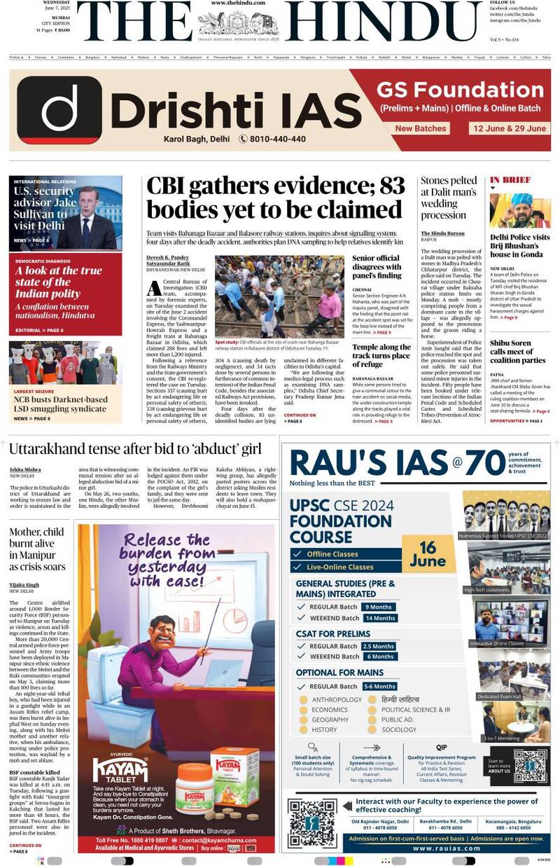 The Hindu Today s Front Page FrontPages com