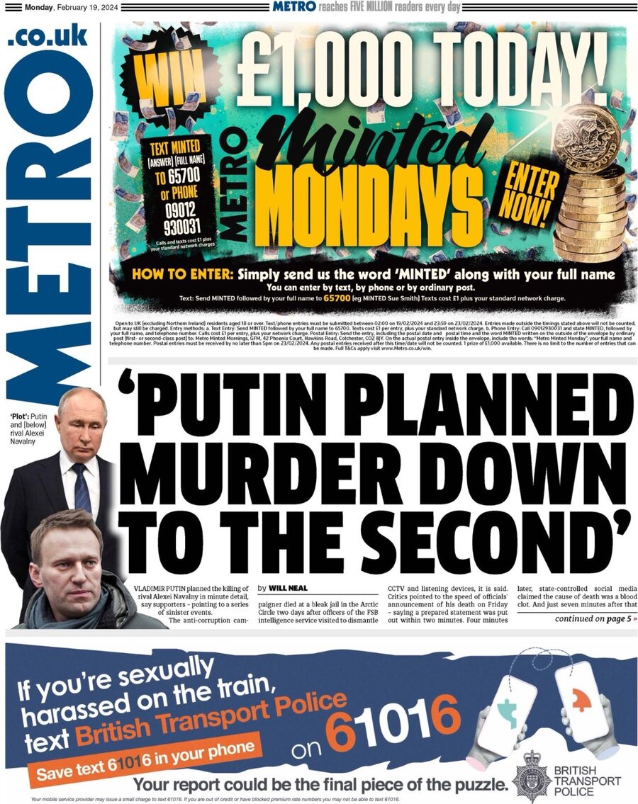 Metro UK - Front Page - 19/02/2024