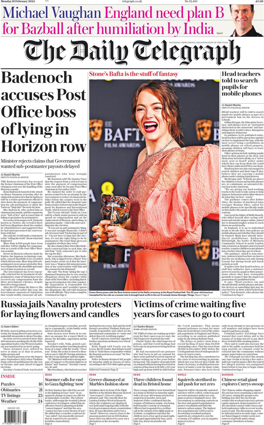 The Daily Telegraph - Front Page - 19/02/2024