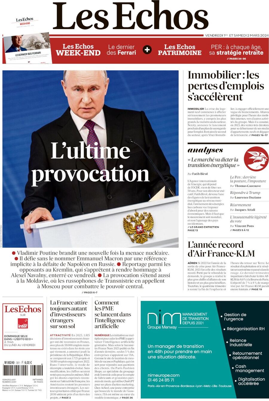 Les Échos Today's Cover Front Pages