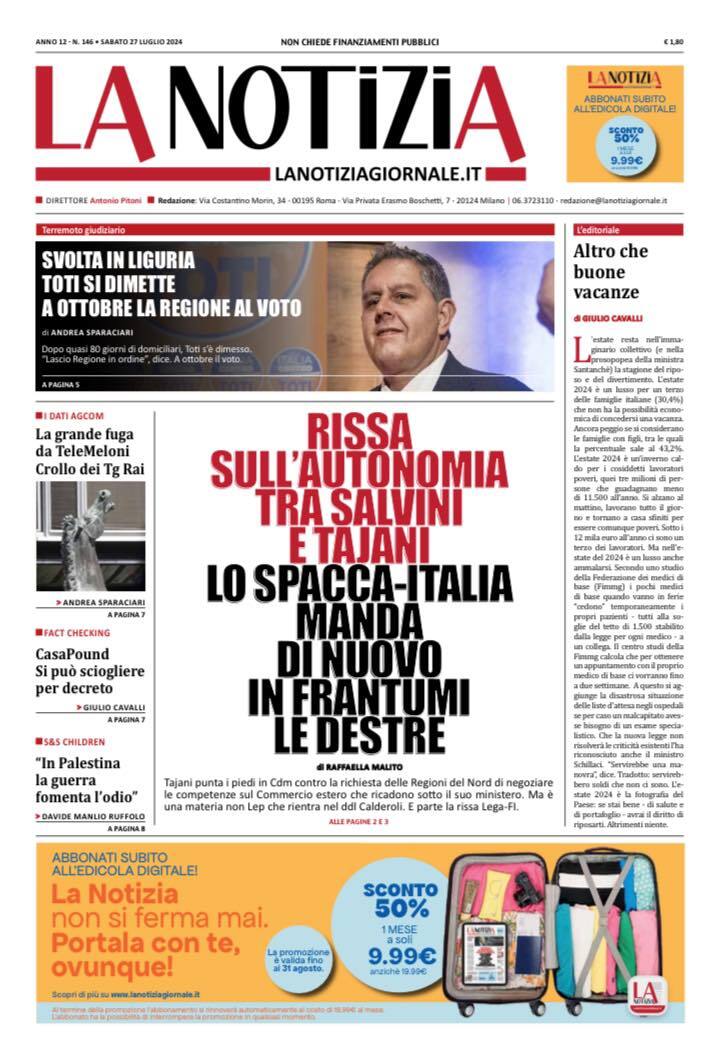 La Notizia - Front Page - 07/27/2024