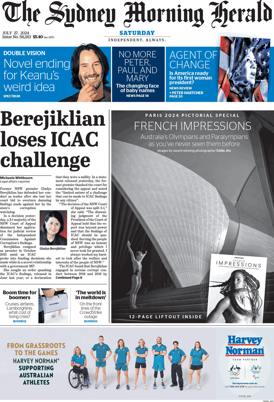 The Sydney Morning Herald - Front Page - 07/27/2024