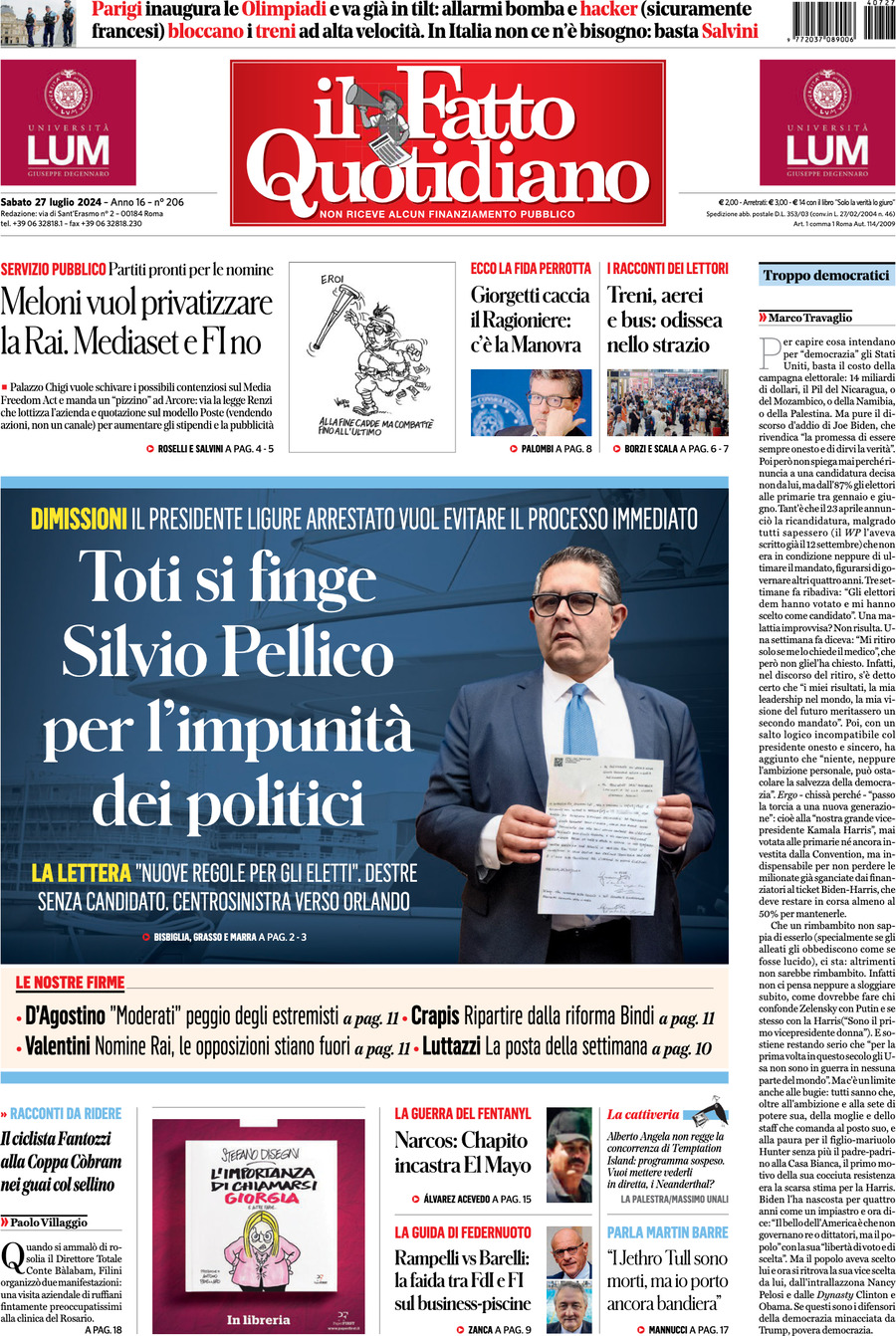 Il Fatto Quotidiano - Front Page - 07/27/2024