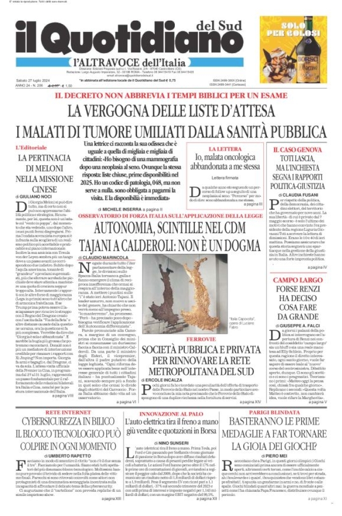 Il Quotidiano del Sud L'Altravoce - Front Page - 07/27/2024