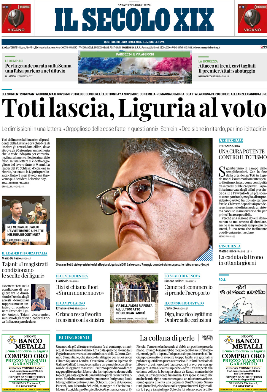 Il Secolo XIX - Front Page - 07/27/2024