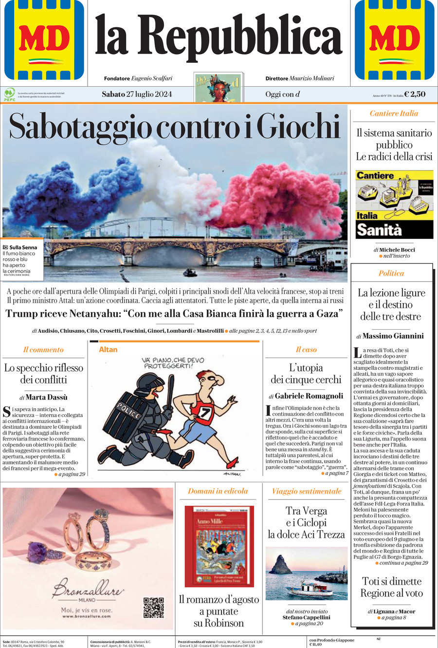 La Repubblica - Front Page - 07/27/2024