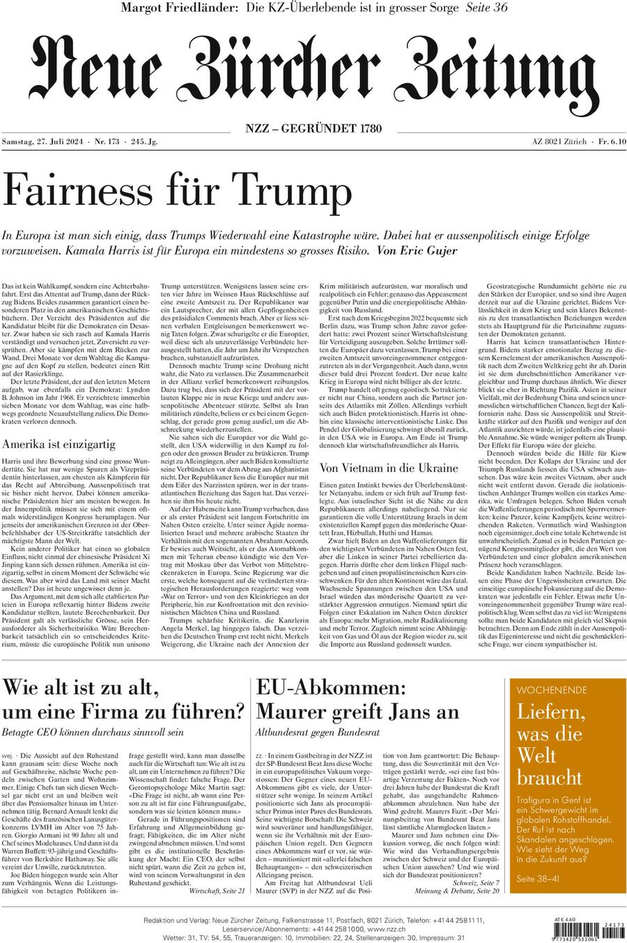 NZZ (Neue Zürcher Zeitung) - Front Page - 07/27/2024