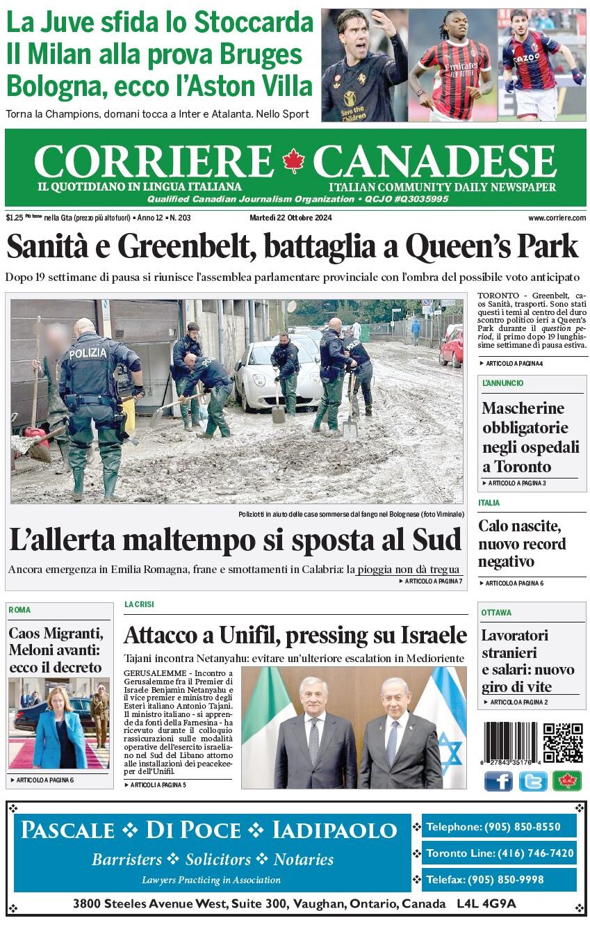 Corriere Canadese - Front Page - 10/22/2024