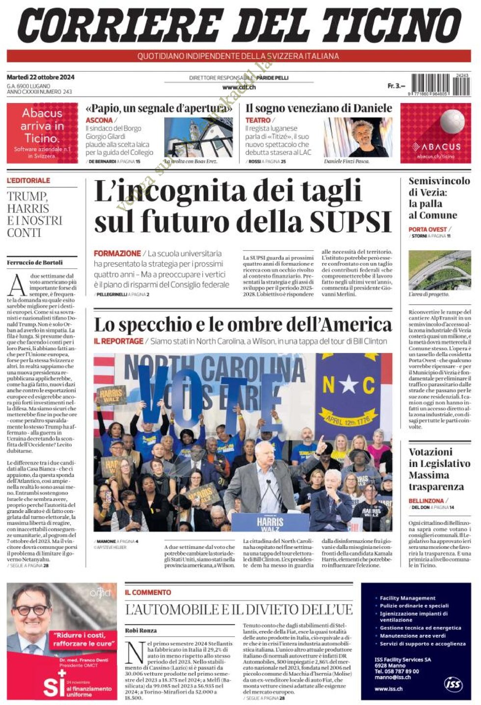 Corriere del Ticino - Front Page - 10/22/2024