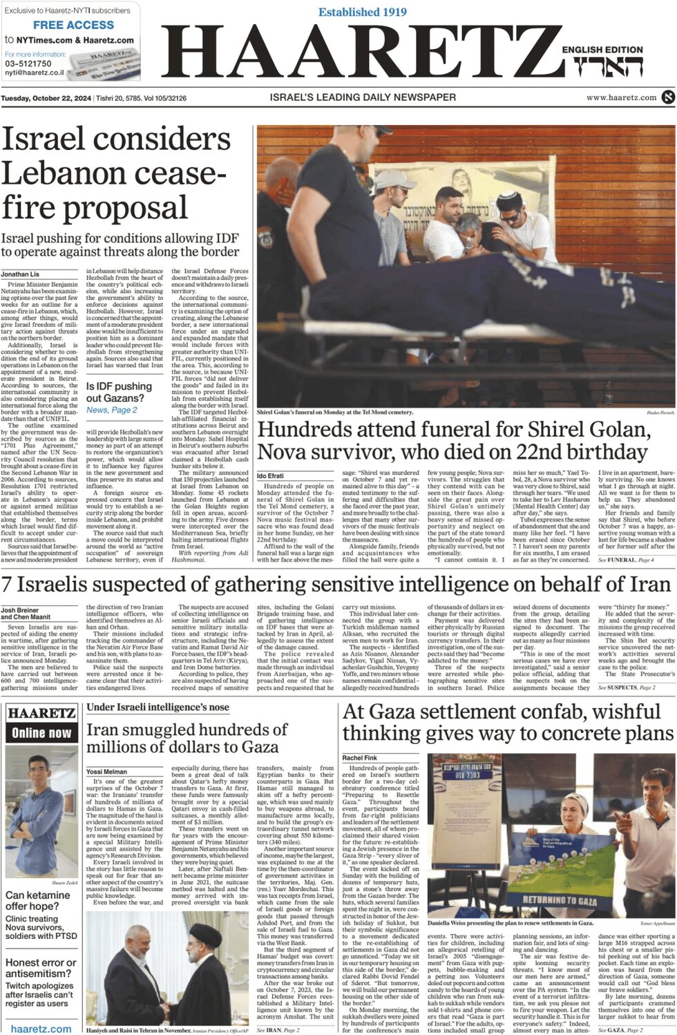 Haaretz - Front Page - 10/22/2024