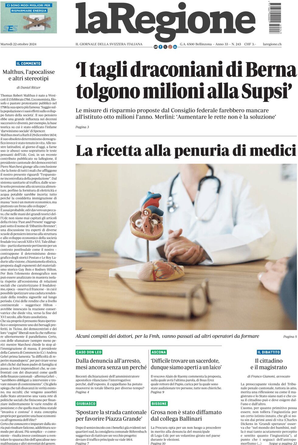 La Regione - Front Page - 10/22/2024