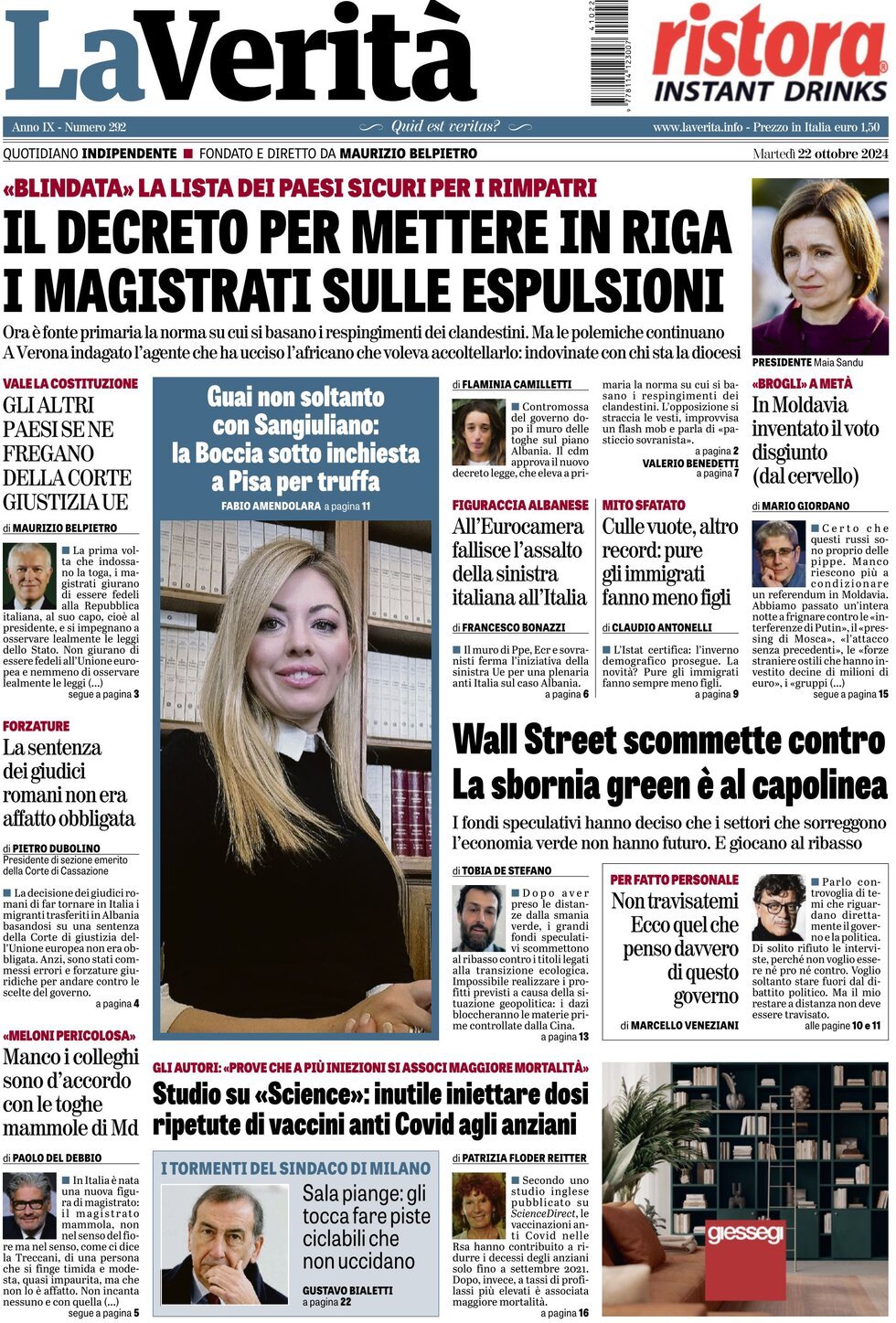 La Verità - Front Page - 10/22/2024