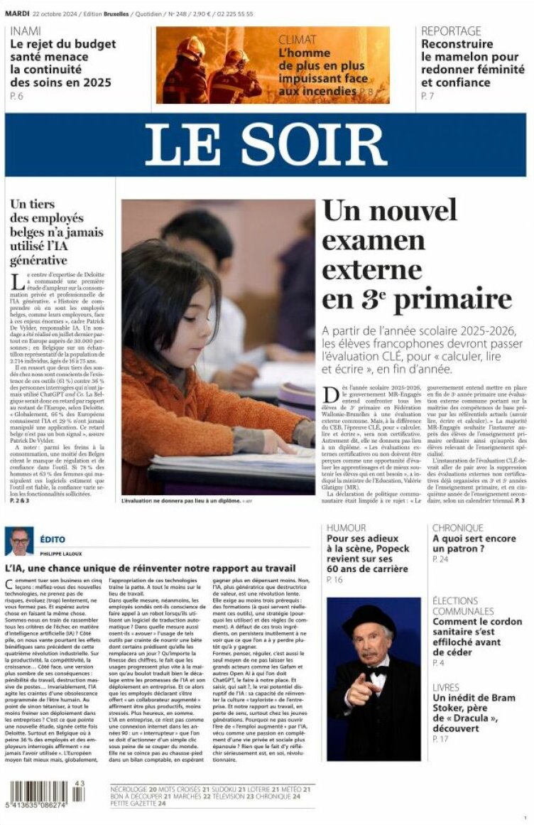 Le Soir - Front Page - 10/22/2024