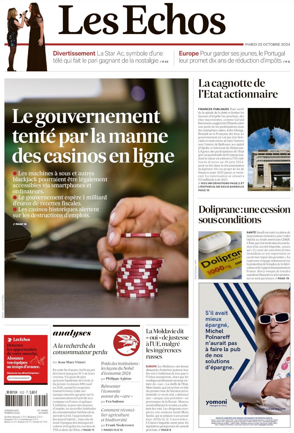 Les Échos - Front Page - 10/22/2024