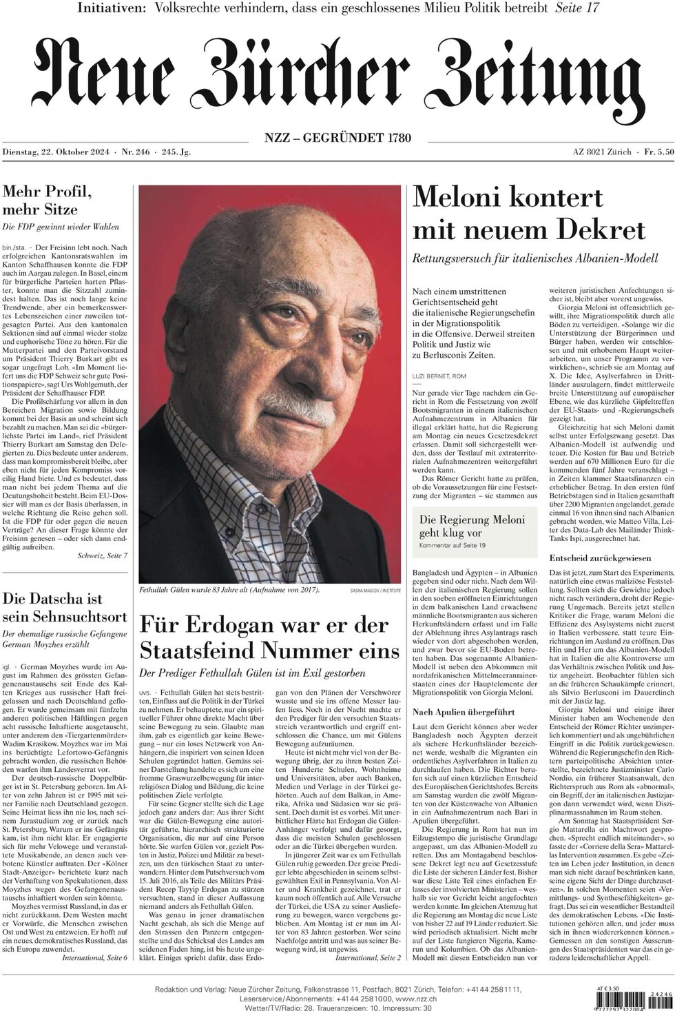 NZZ (Neue Zürcher Zeitung) - Front Page - 10/22/2024