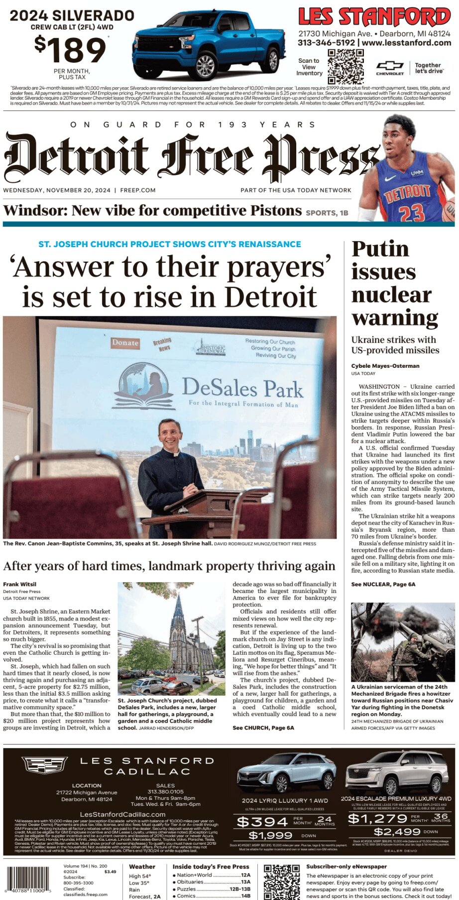 Detroit Free Press - Cover - 11/20/2024