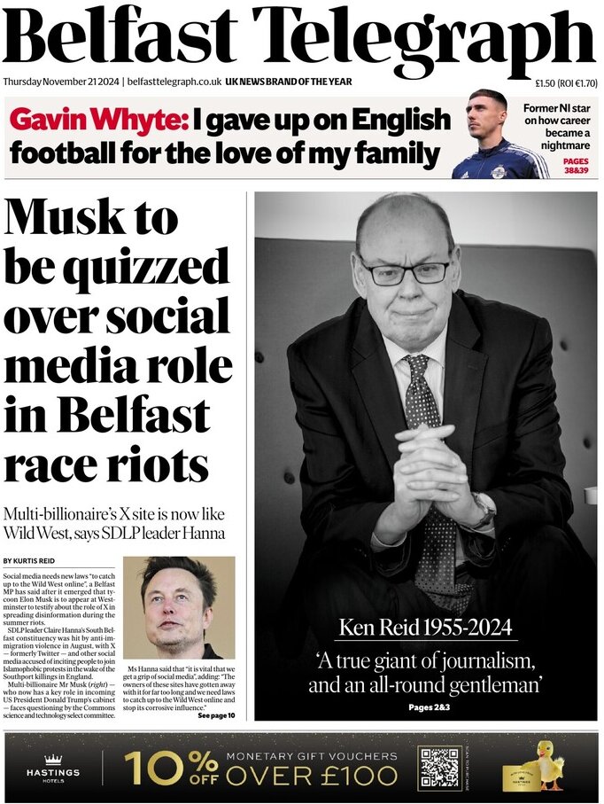 Belfast Telegraph - Front Page - 11/21/2024