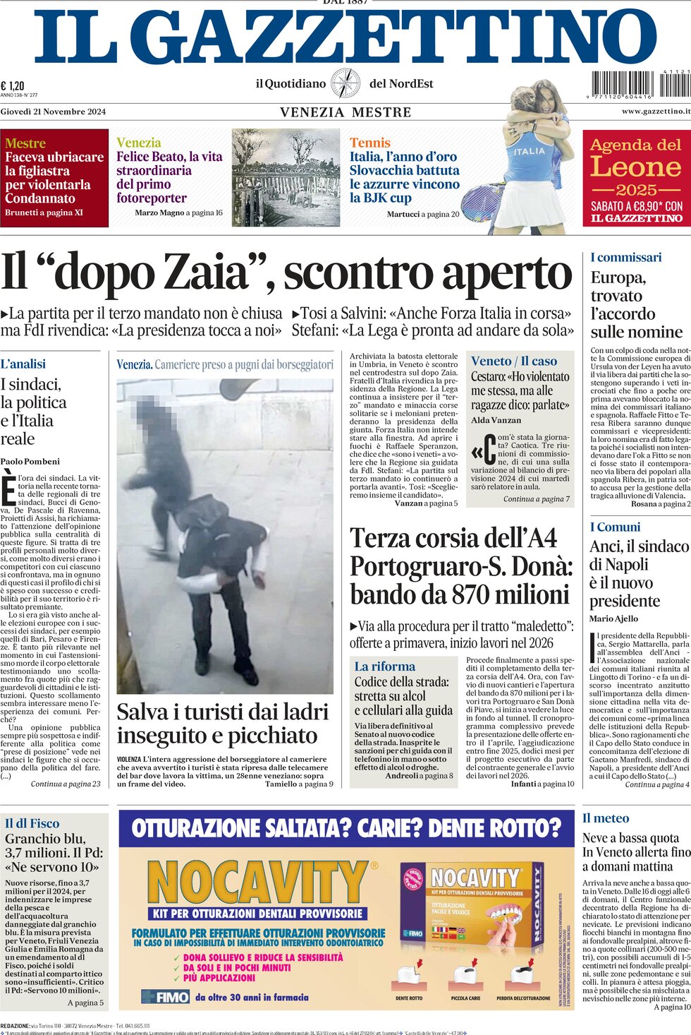 Il Gazzettino - Front Page - 11/21/2024