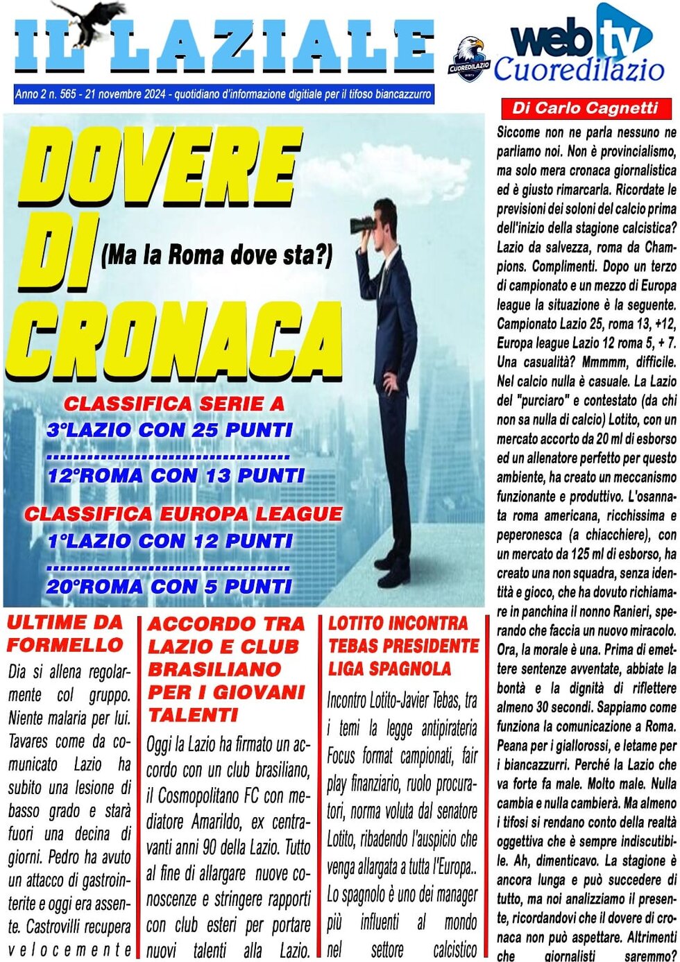 Il Laziale - Front Page - 11/21/2024