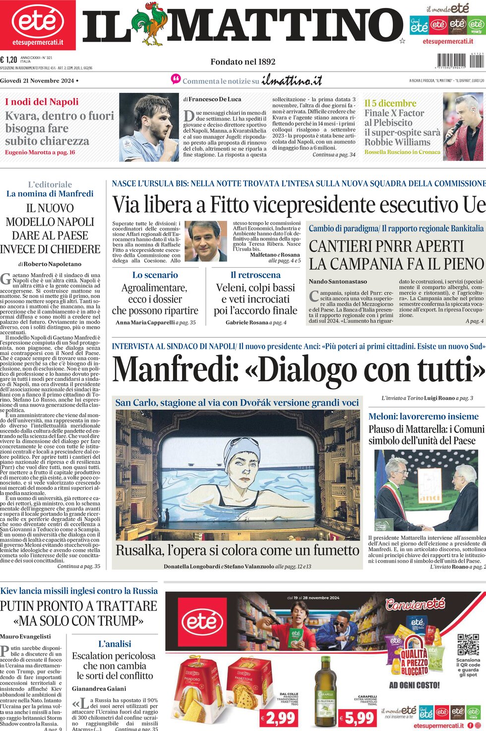 Il Mattino - Front Page - 11/21/2024