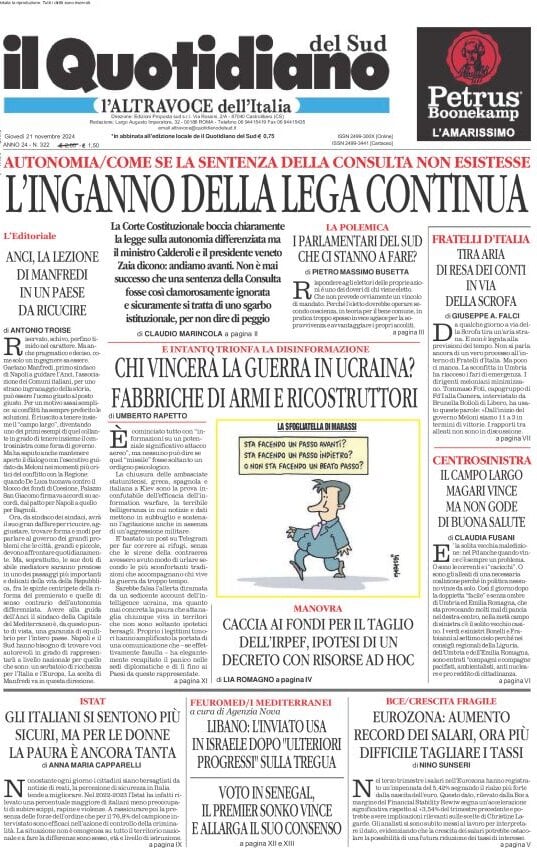 Il Quotidiano del Sud L'Altravoce - Front Page - 11/21/2024