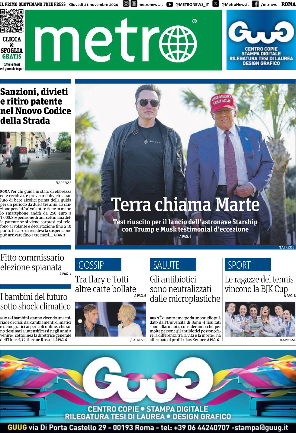 Metro (Roma) - Front Page - 11/21/2024