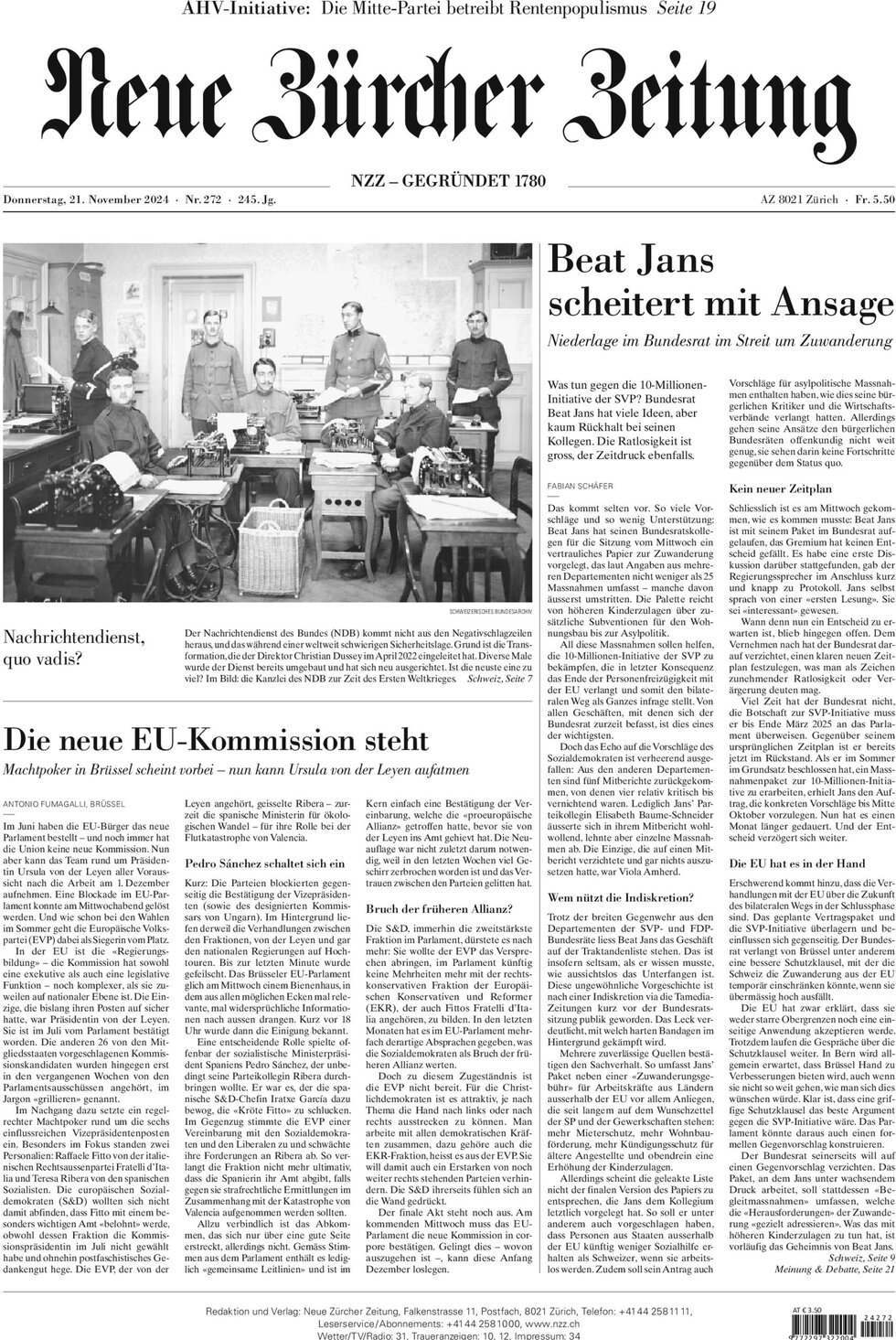 NZZ (Neue Zürcher Zeitung) - Front Page - 11/21/2024