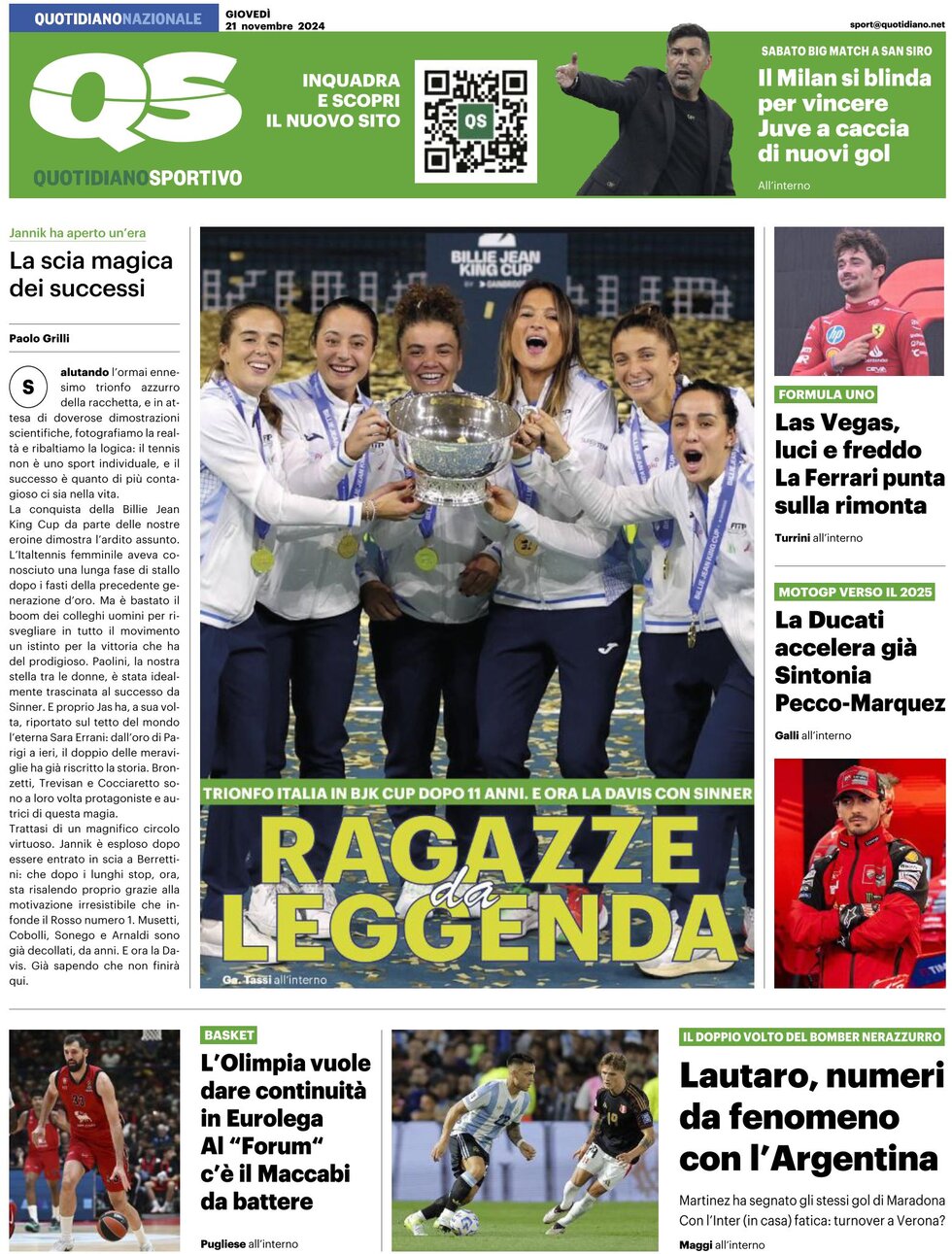 QS Quotidiano Sportivo - Front Page - 11/21/2024