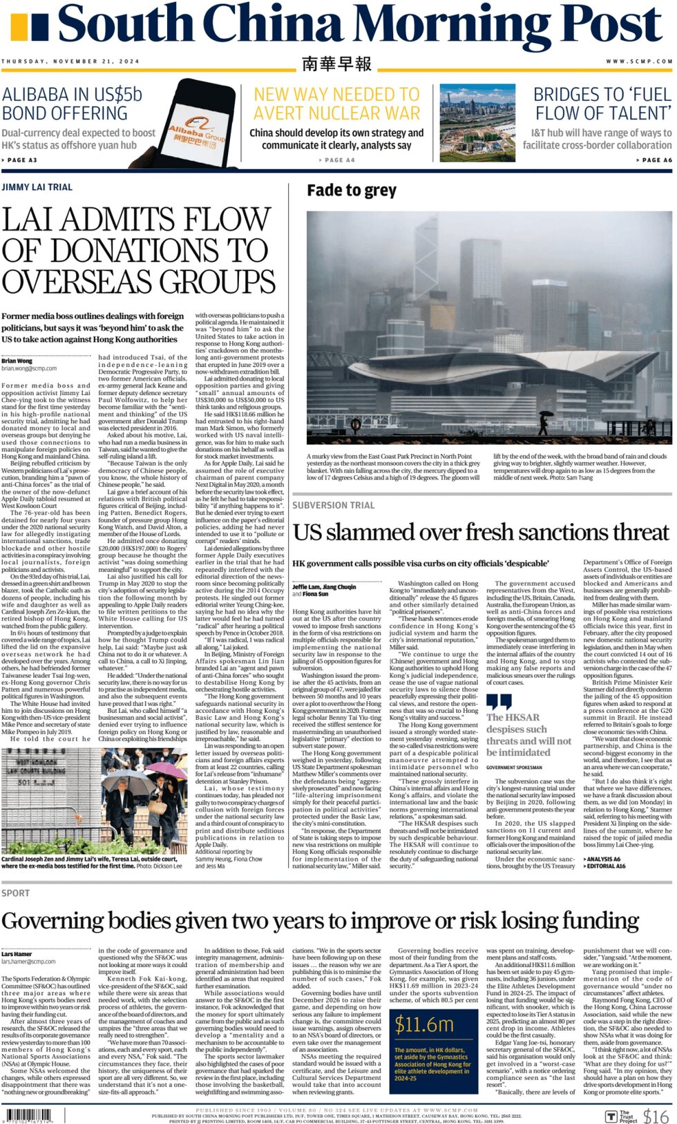 South China Morning Post - Front Page - 11/21/2024