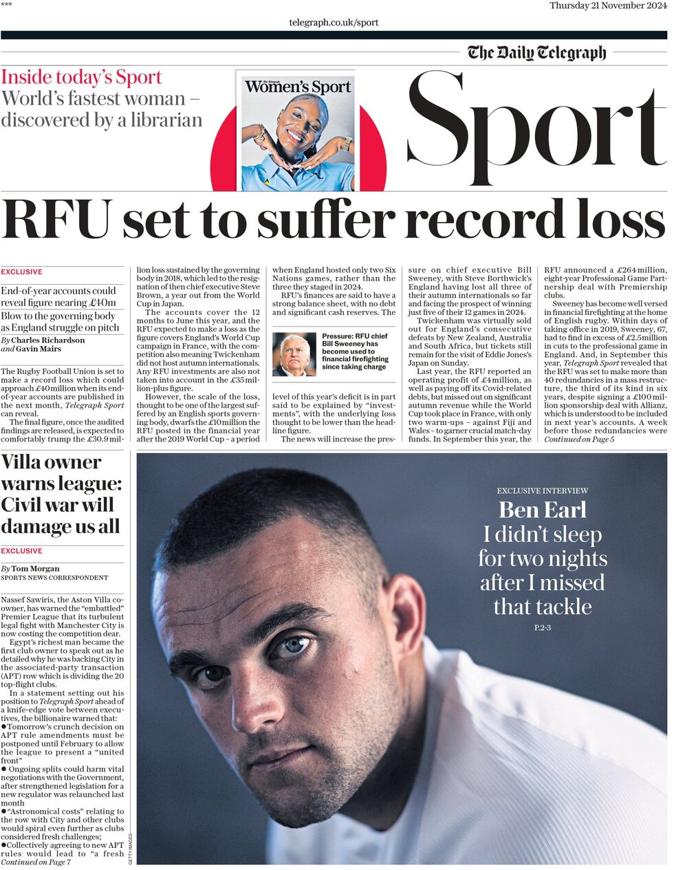 The Daily Telegraph SPORT - Front Page - 11/21/2024