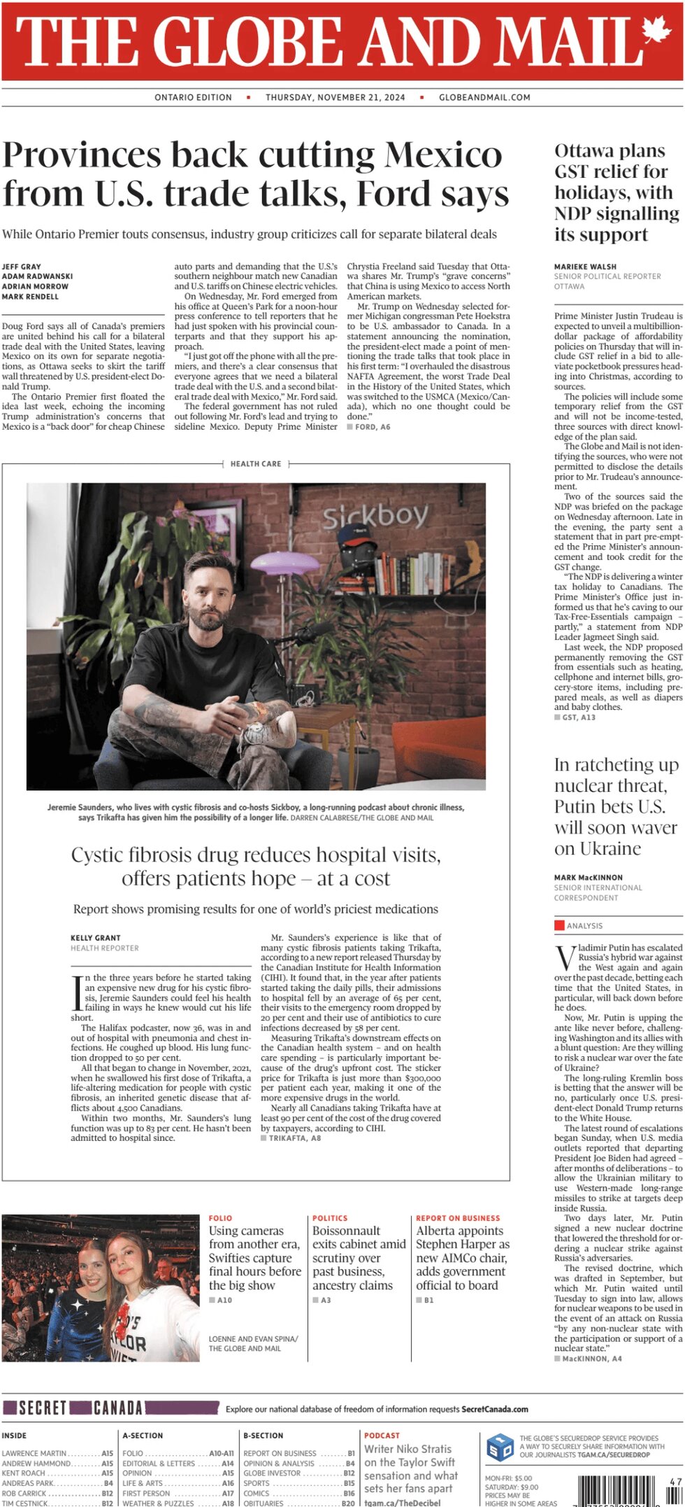 The Globe and Mail - Front Page - 11/21/2024