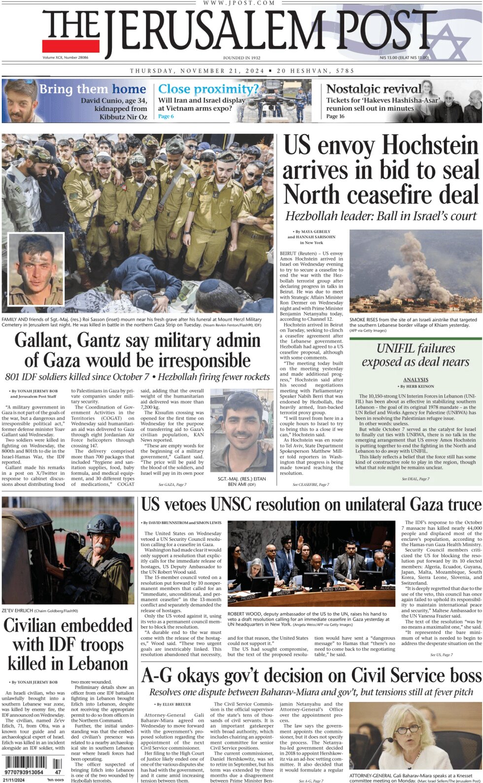 The Jerusalem Post - Front Page - 11/21/2024