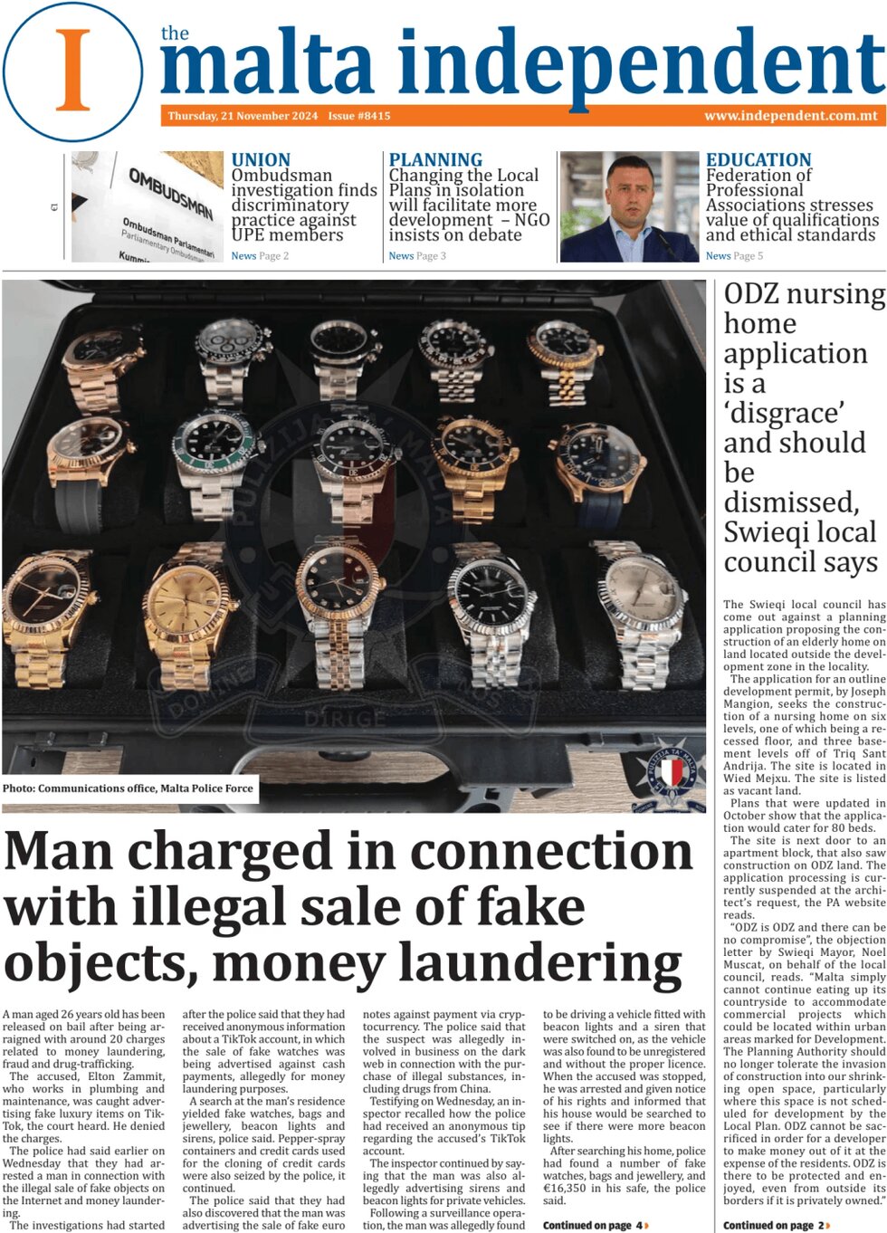 The Malta Independent - Front Page - 11/21/2024