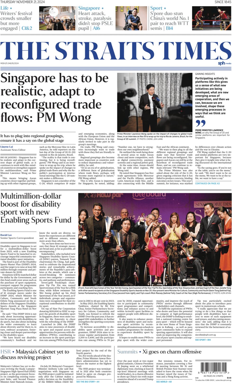 The Straits Times - Front Page - 11/21/2024