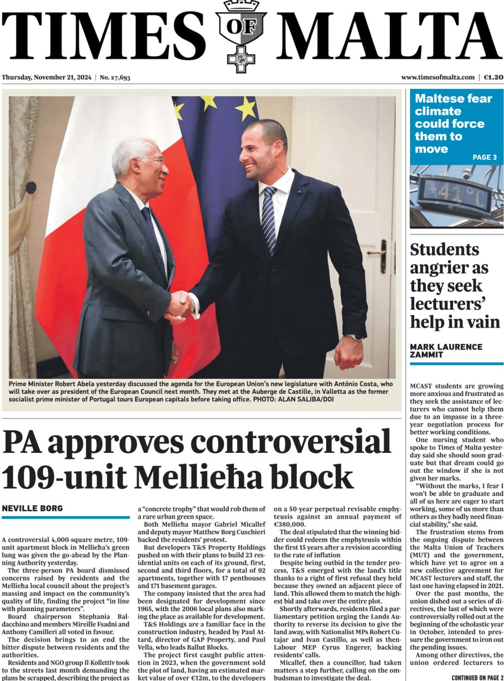 Times of Malta - Front Page - 11/21/2024