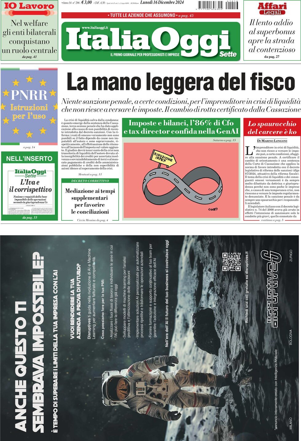 ItaliaOggi - Front Page - 12/16/2024