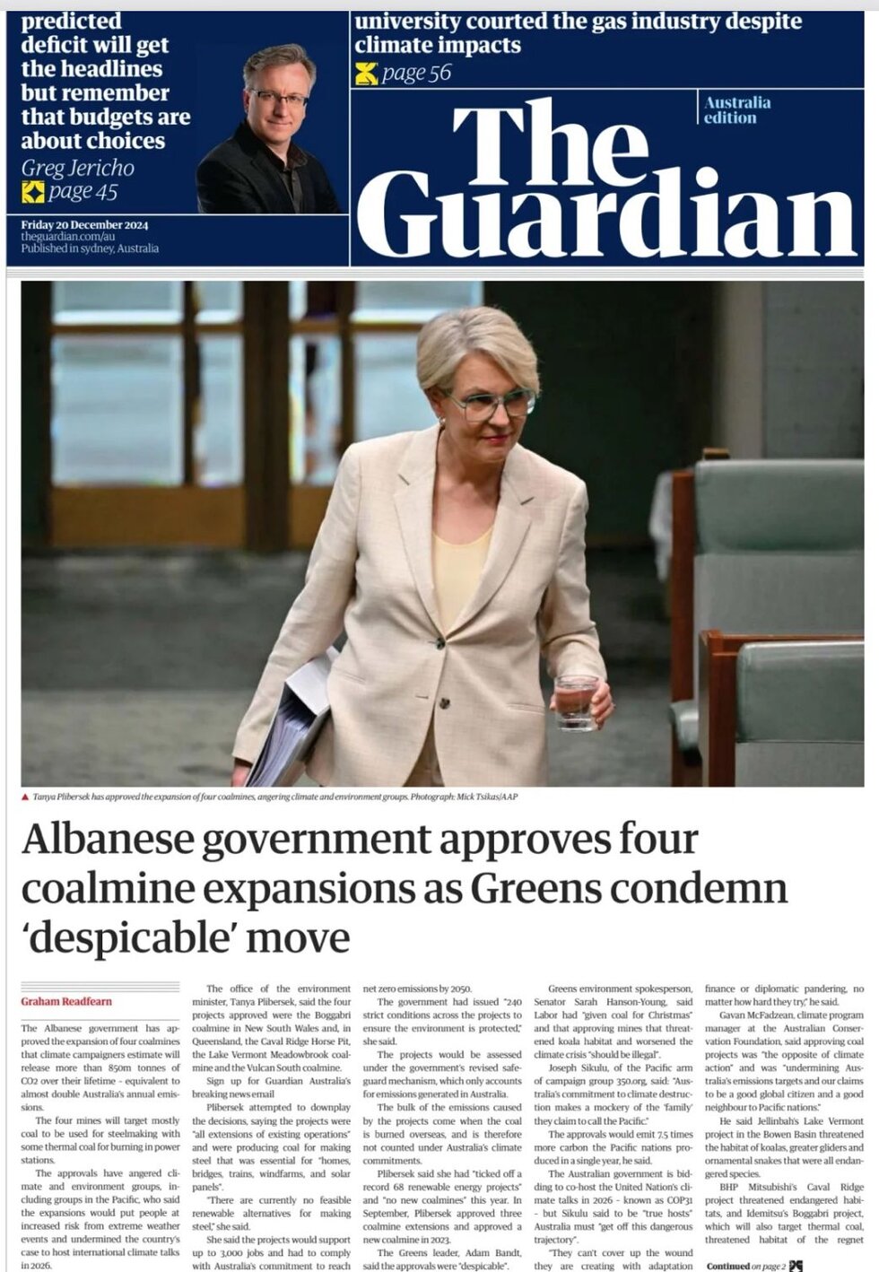 The Guardian Australia - Front Page - 12/20/2024