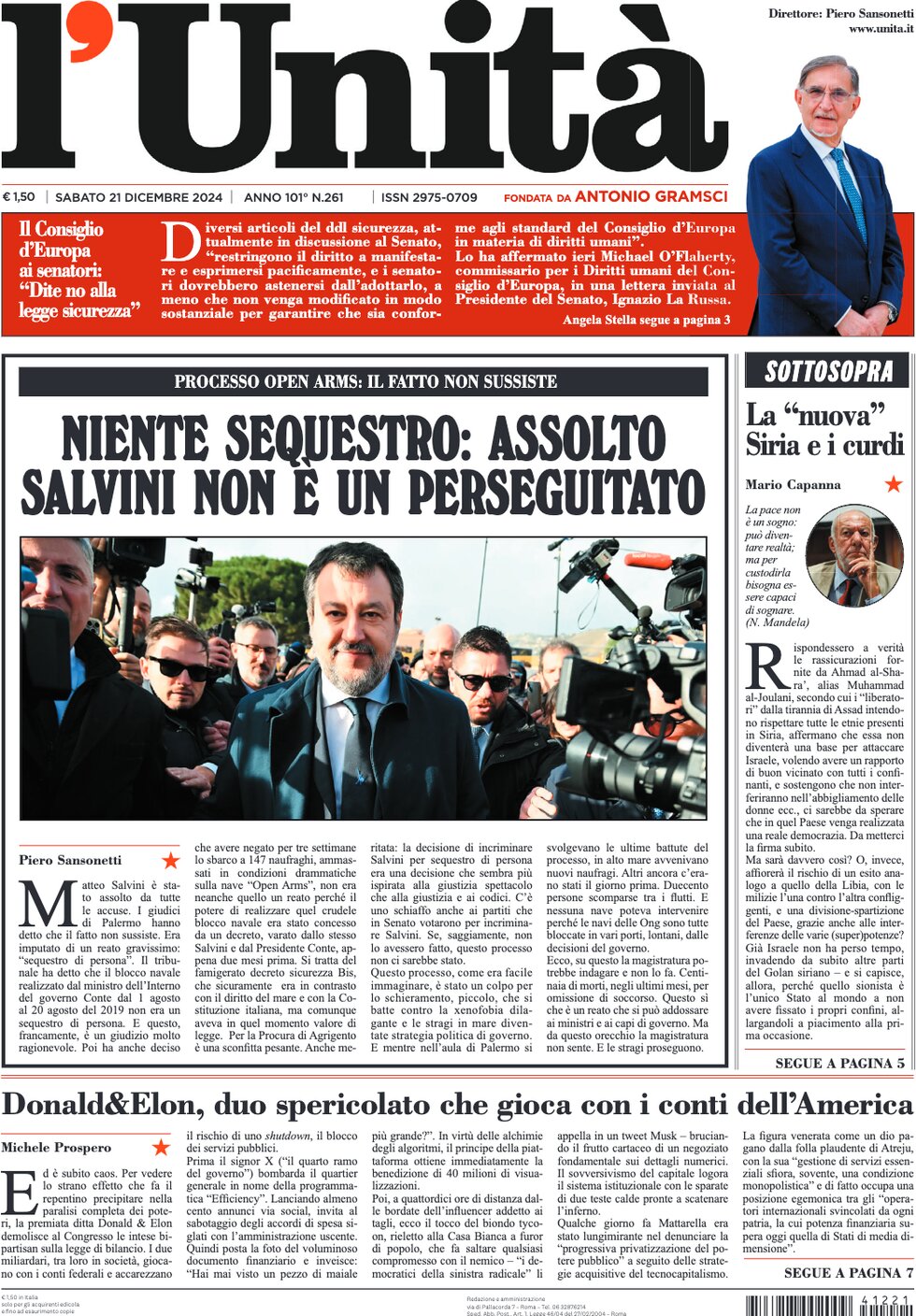 L'Unità - Front Page - 12/21/2024