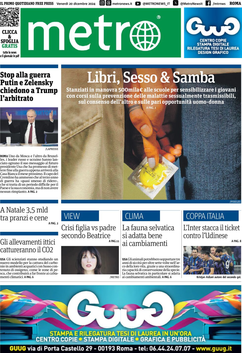 Metro (Roma) - Front Page - 12/20/2024