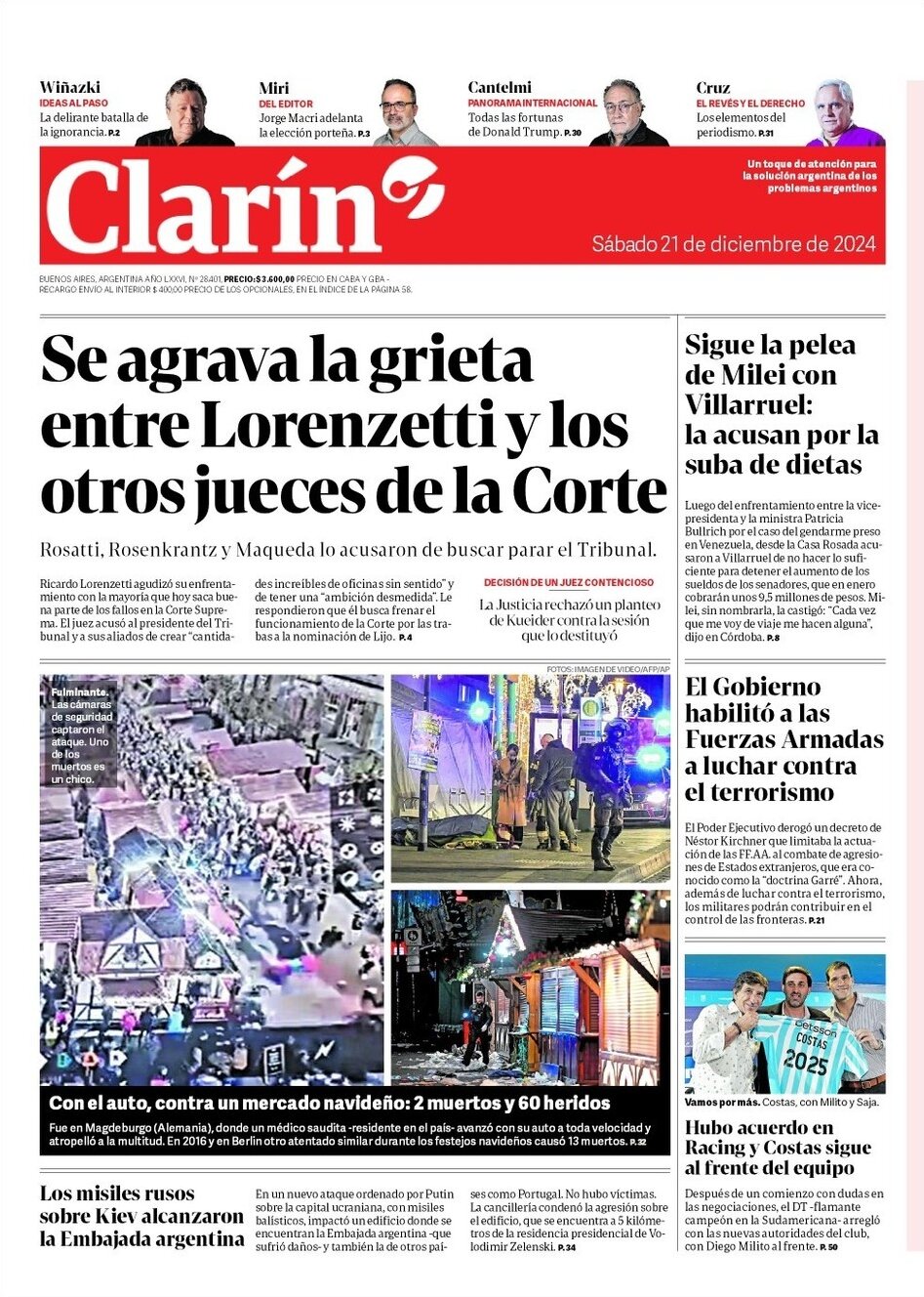 Clarín - Front Page - 12/21/2024