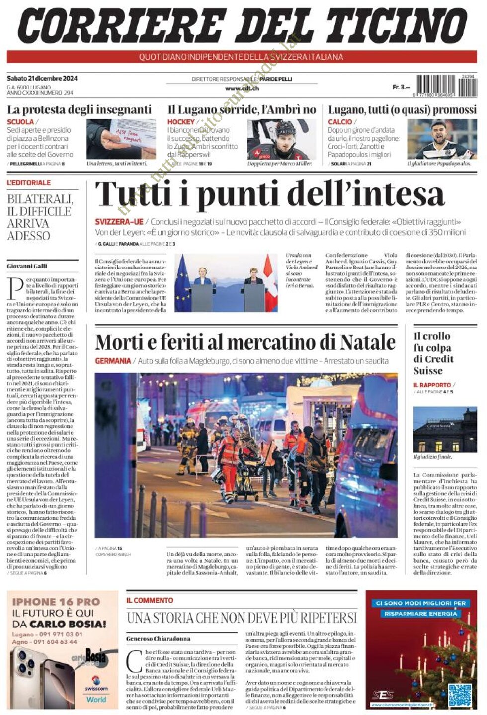 Corriere del Ticino - Front Page - 12/21/2024