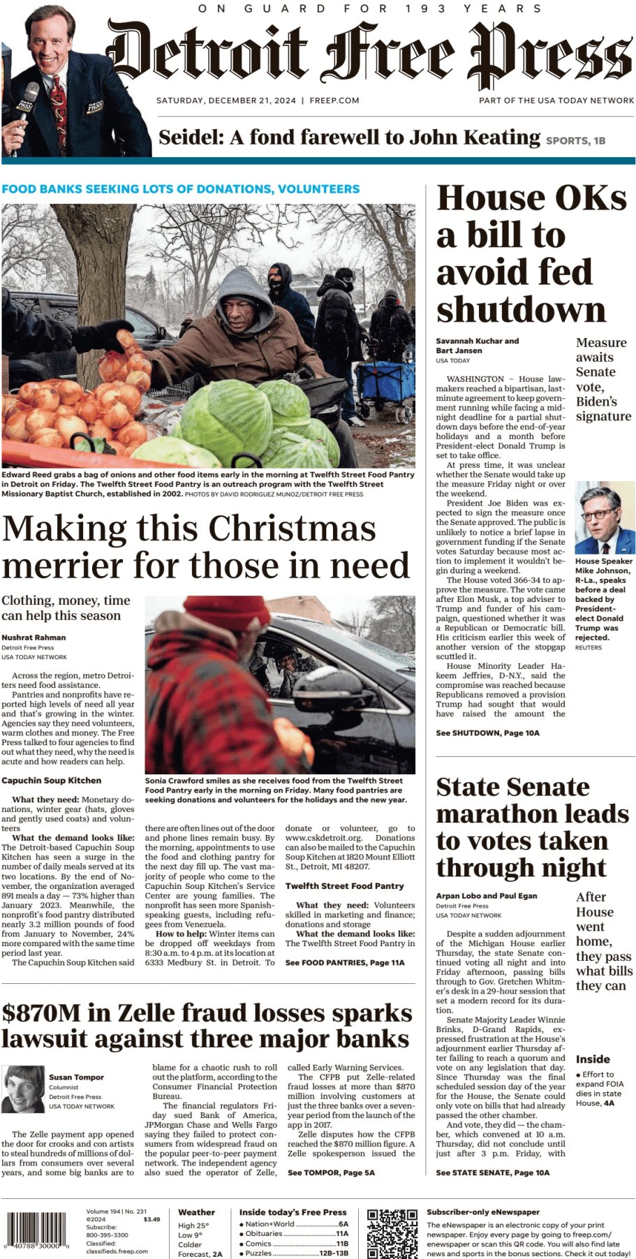 Detroit Free Press - Cover - 12/21/2024