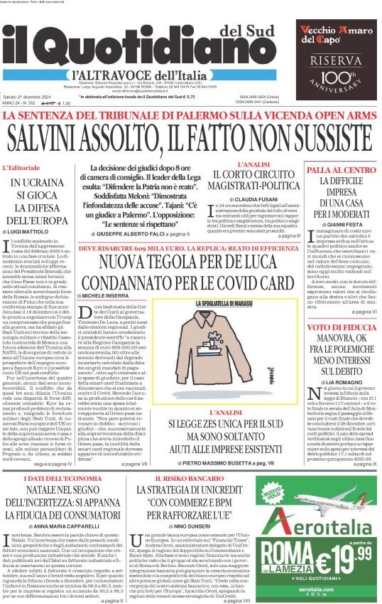 Il Quotidiano del Sud L'Altravoce - Front Page - 12/21/2024