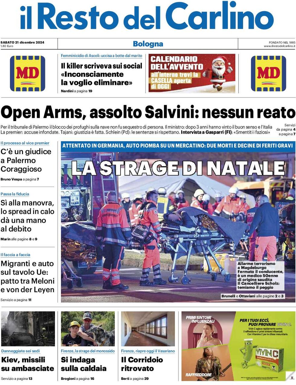 Il Resto del Carlino - Front Page - 12/21/2024