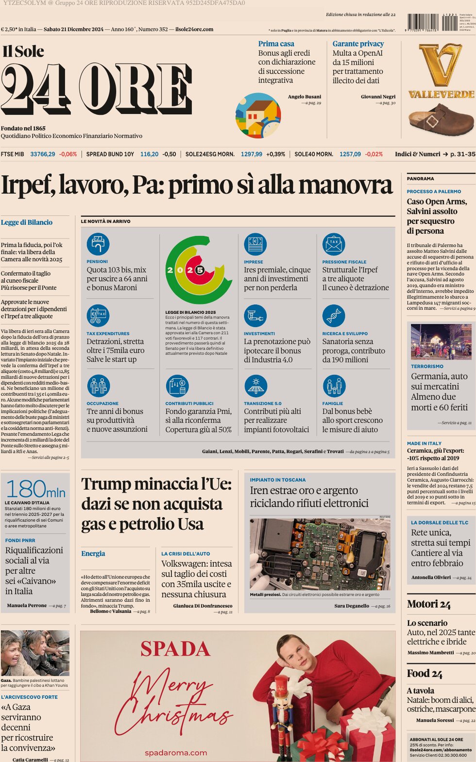 Il Sole 24 Ore - Front Page - 12/21/2024