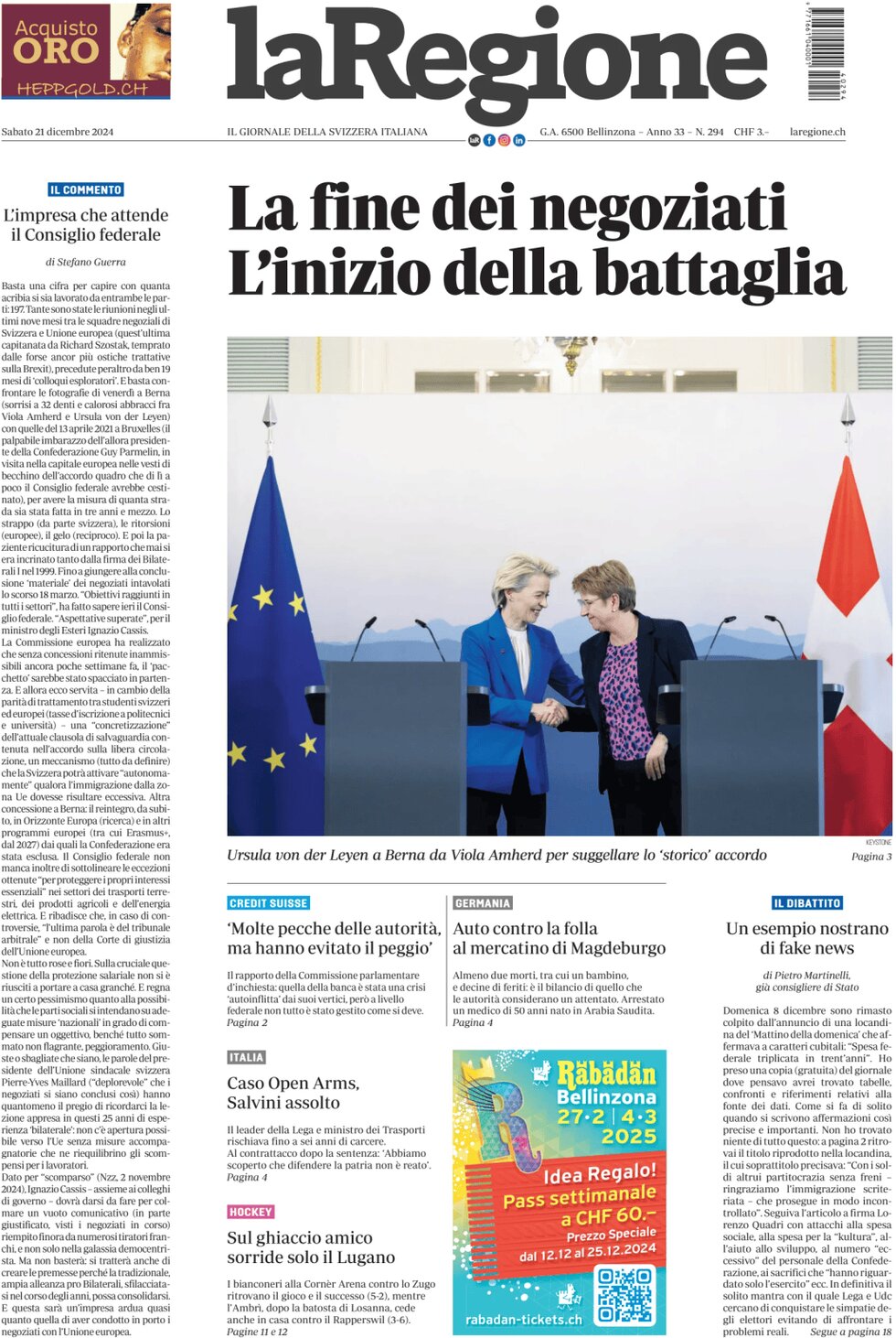 La Regione - Front Page - 12/21/2024