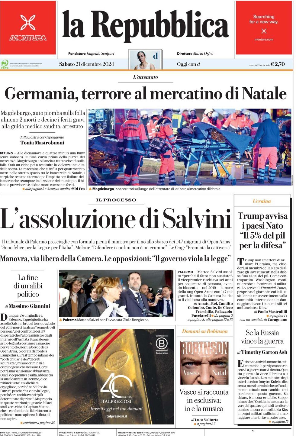 La Repubblica - Front Page - 12/21/2024