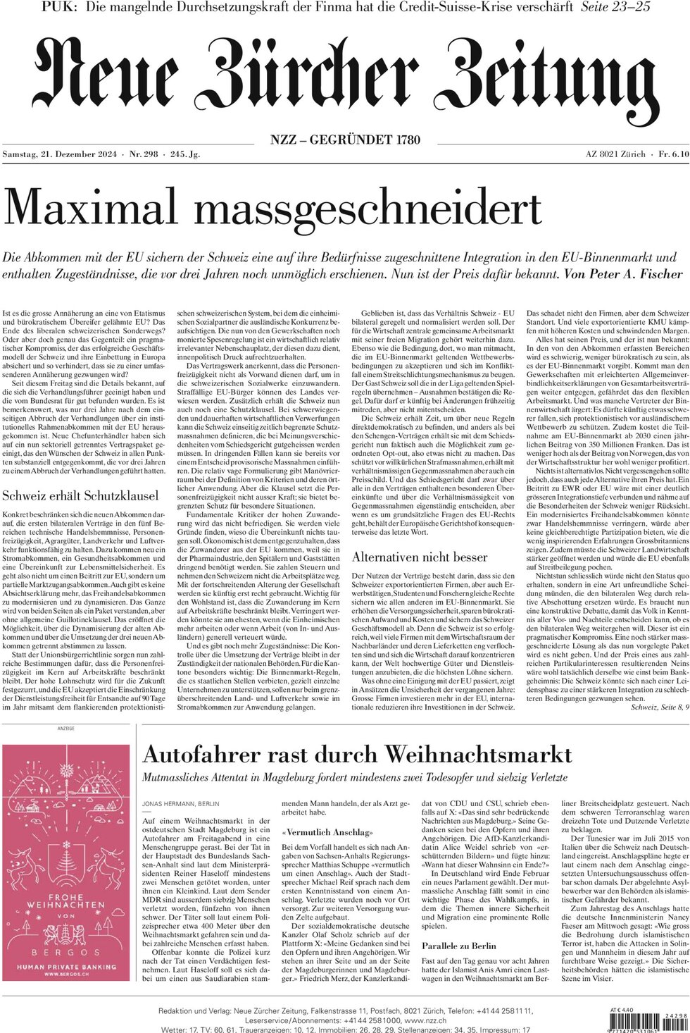 NZZ (Neue Zürcher Zeitung) - Front Page - 12/21/2024