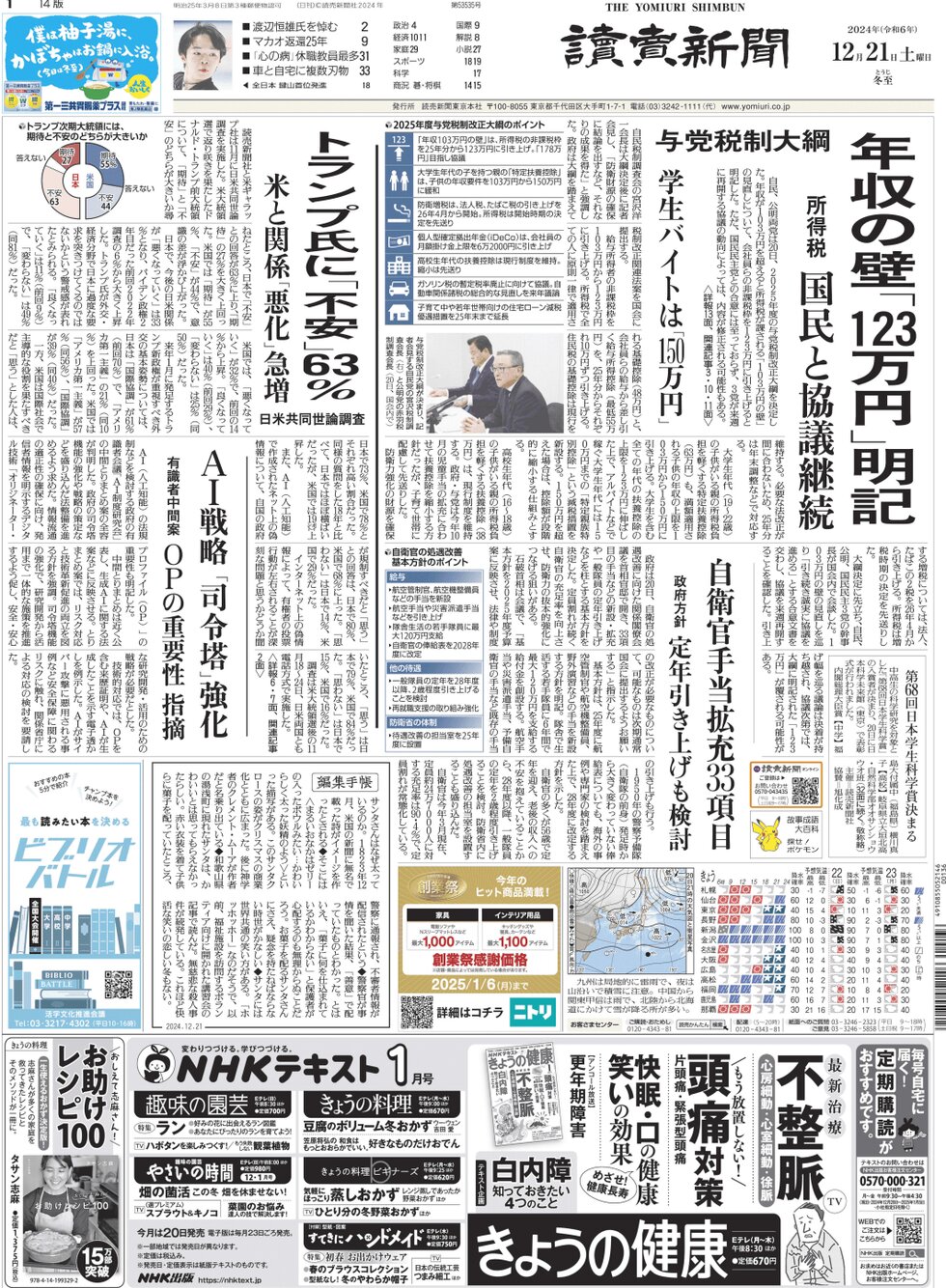 Yomiuri Shinbun - Front Page - 12/21/2024